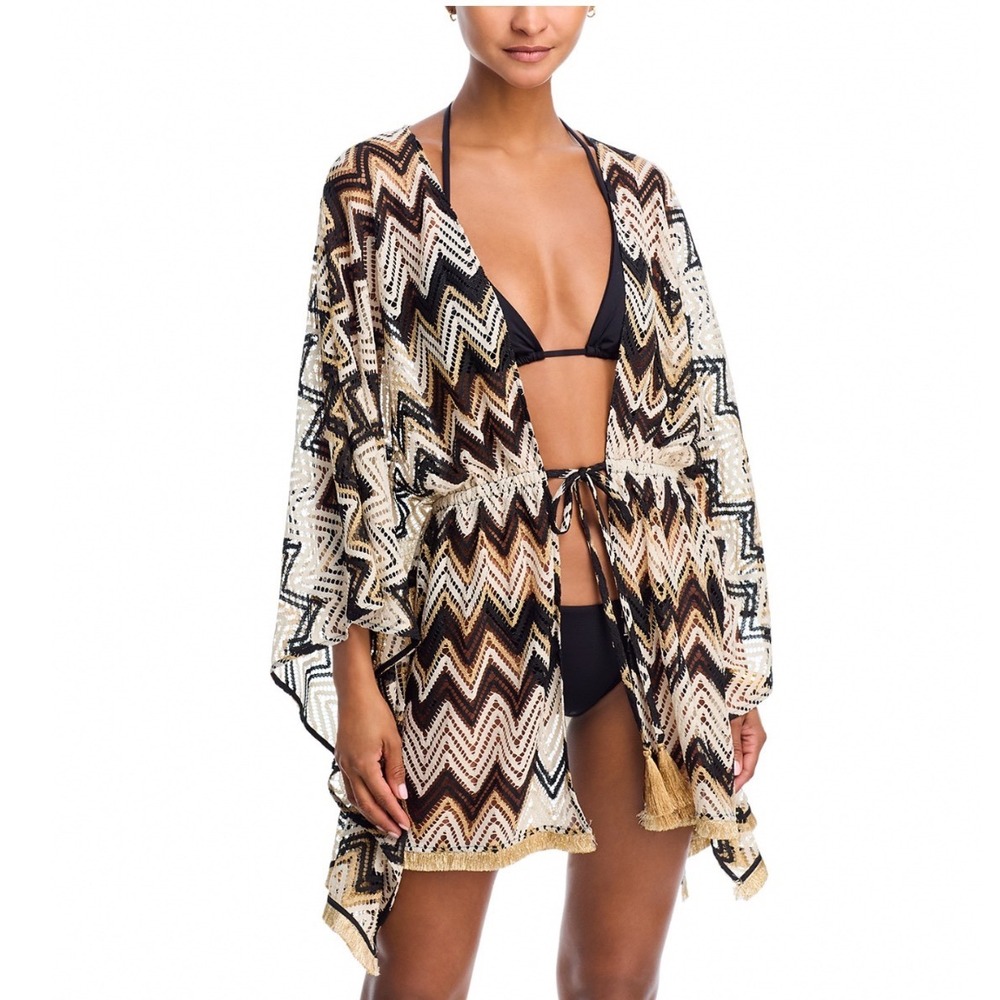 Ramy Brook Mckala Cover Up Dress Neutral Chevron Gold Metallic Knit Large NEW